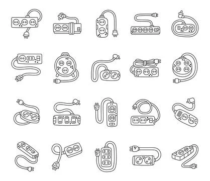 Extension cord set in outline line art Stock Illustration