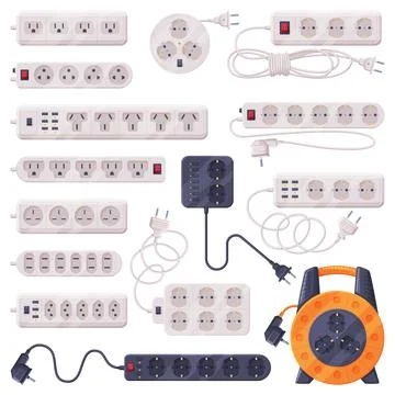 Extension Sockets with Plug and Power Cord as Electric Current Equipment with Stock Illustration