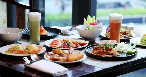 Extensive Breakfast Buffet Spread in Luxury Hotel Restaurant Stock Footage 326643995