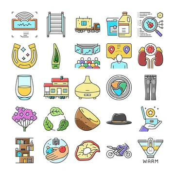 Extensive collection showing diverse technology, medical, and lifestyle icons Ilustración de archivo