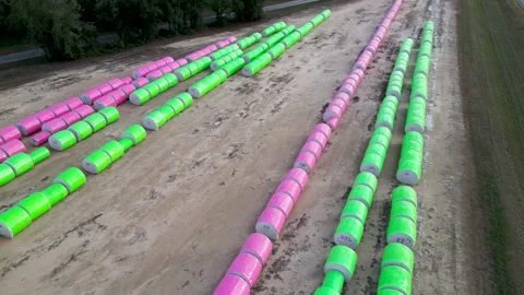 Extensive cotton bale storage rows across harvest farmland near Headland Alabama Vídeo Stock 331459678