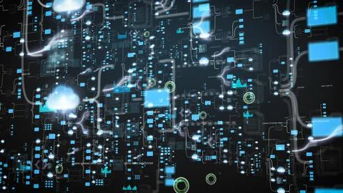 Extensive digital network layout with interconnected data nodes, representing Stock Photos