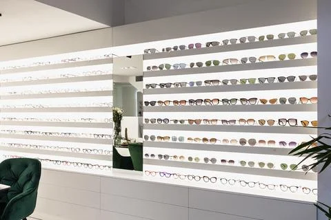 Extensive Eyeglass Selection in a Modern Optical Store Stock Photos