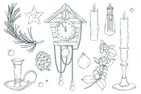 An extensive holiday set with a cuckoo clock, beads, a candle, a bulb, pine Stock Illustration