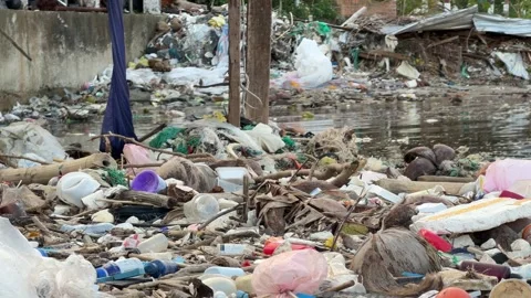 Extensive litter spreads across a river beach, underscoring the scale of Stock Footage 328097293