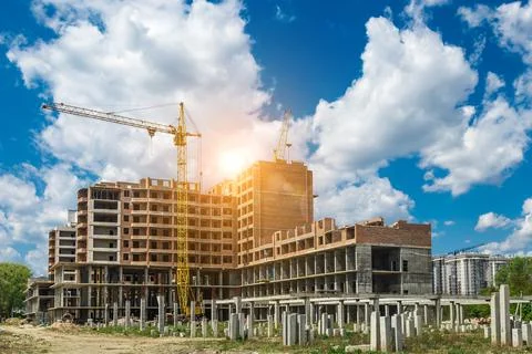 Extensive scaffolding providing platforms for work in progress on a new apart Stock Photos