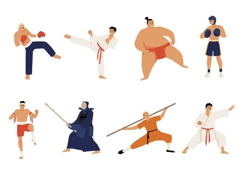 An extensive set of martial arts vectors on a white background, from karate to Stock Illustration