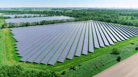 Extensive Solar Park, Turning Camera - Flevoland, Holland, 4K Drone Footage Video stock 145926907