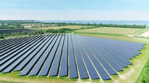 Extensive Solar Park, Turning Camera - Flevoland, Holland, 4K Drone Footage Stock Footage 145927003