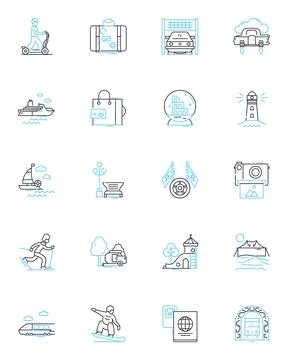 Extensive trip linear icons set. Expedition, Journey, Traverse, Odyssey, Safari Stock Illustration