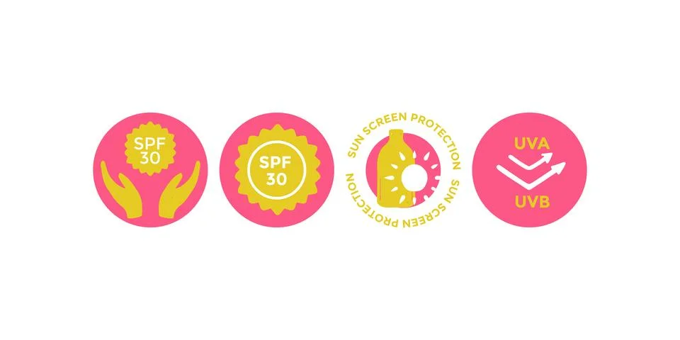 Extensive UV protection icon set including UV radiation symbols, sunscreen SP Stock Illustration