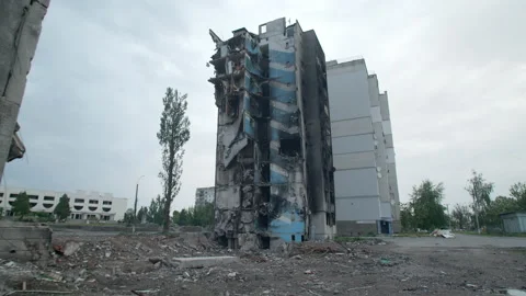 Extensively bombarded town during Russian invasion Stock Footage 230692002