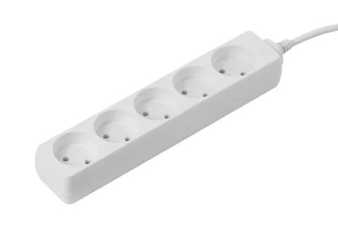 Extention cable with five plug socket isolated on white Stock Photos