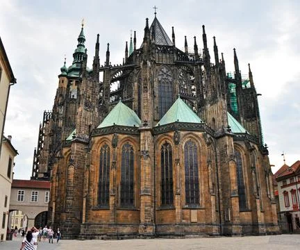 Exterior and architectural elements of St. Vitus Cathedral in Prague. Summer  Stock Photos