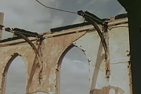 Exterior and interior view of damaged building due to atomic blast - 1946 Stock Footage 103372231