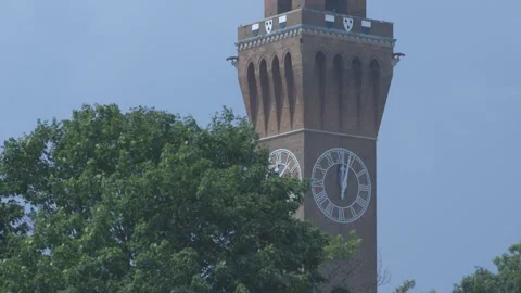 Exterior of brick clock tower, trees Stock Footage 304371762