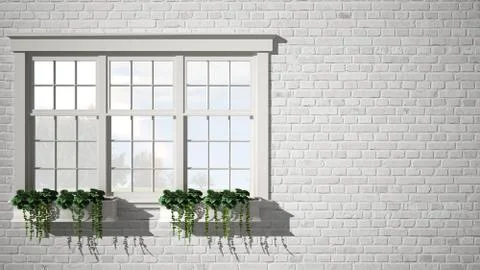 Exterior brick wall with white window with potted plant, blank background wit Stock Illustration