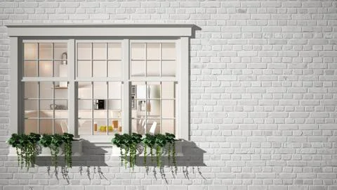 Exterior brick wall with white window with potted plant, showing interior con Stock Illustration