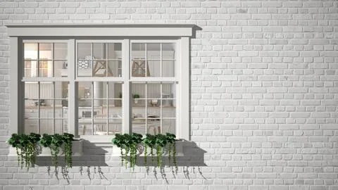 Exterior brick wall with white window with potted plant, showing interior sca Stock Illustration