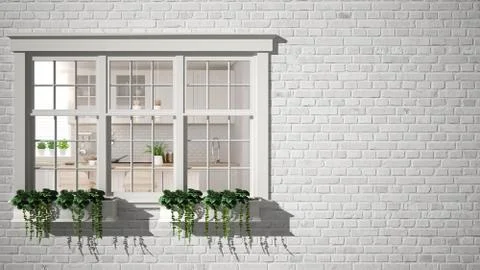 Exterior brick wall with white window with potted plant, showing interior sca Stock Illustration