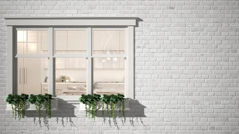 Exterior brick wall with white window with potted plant, showing interior con Stock Illustration