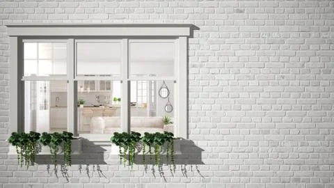 Exterior brick wall with white window with potted plant, showing interior sca Stock Illustration
