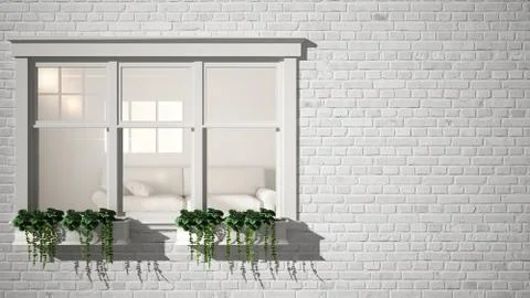 Exterior brick wall with white window with potted plant, showing interior mod Stock Illustration