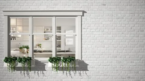 Exterior brick wall with white window with potted plant, showing interior con Stock Illustration