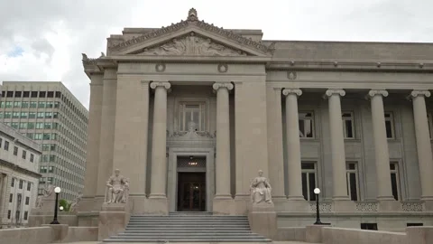 Exterior of Classical Government Building with Columns and Statues Stock Footage 336351150