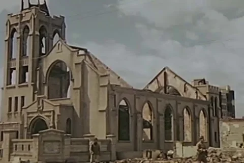Exterior of damaged building due to atomic blast - 1946 Stock Footage 103372199