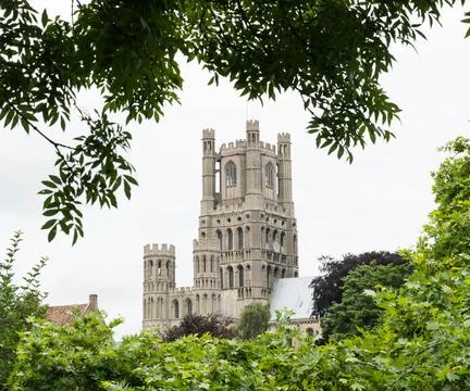 Exterior of Ely cathedral through the trees Stock Photos