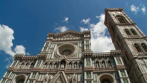 The exterior facade of the Cathedral of Santa Maria del Fiore or Florence Duomo, Stock Footage 74805953