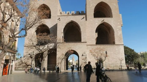 Exterior facade of Serranos Gate or Serranos Towers, Valencia, Spain Stock Footage 102817436