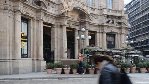 Exterior of the the first Starbucks concept store in Milan, Italy Stock Footage 98737524