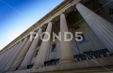 Exterior of government building, column detail, low angle view, Washington DC Stock Photos