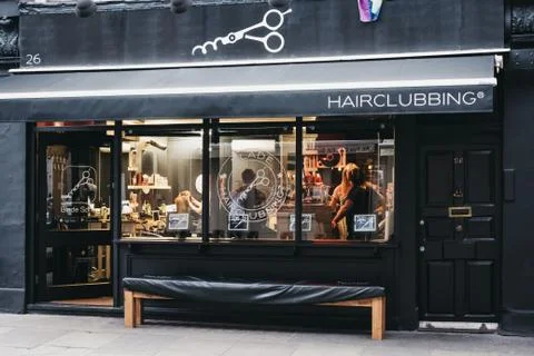 Exterior of Hairclubbing, a trendy hair salon in Soho, London. Stock Photos