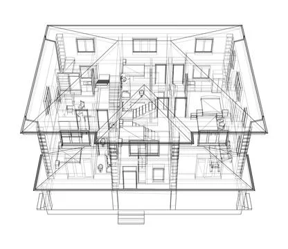 Exterior of the house with visible internal elements Illustrazione stock