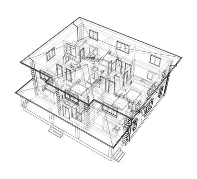 Exterior of the house with visible internal elements Illustrazione stock