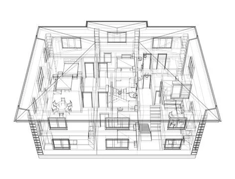 Exterior of the house with visible internal elements Illustrazione stock
