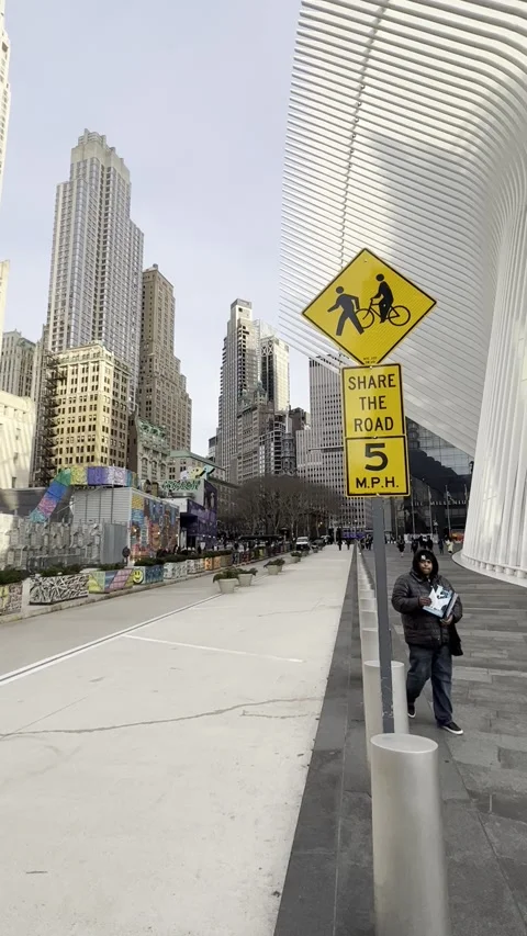 Exterior of Oculus Building and NYC Street Signage Stock Footage 328297713