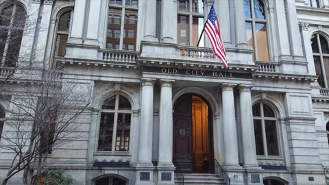Exterior of Old City Hall in Boston, traveling forward and bottom to top Stock Footage