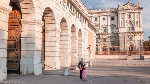 Exterior of outer castle gate from Ringstrasse timelapse in Vienna city in sunny Stock Footage 122312803