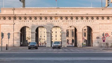 Exterior of outer castle gate from Ringstrasse timelapse in Vienna city in sunny Stock Footage 122312879