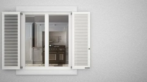 Exterior plaster wall with white window with shutters, showing interior class Stock Illustration