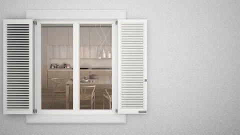Exterior plaster wall with white window with shutters, showing interior class Stock Illustration