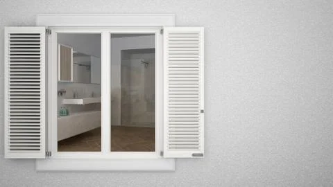 Exterior plaster wall with white window with shutters, showing interior moder Stock Illustration