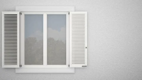 Exterior plaster wall with white window with shutters, garden reflections, bl Ilustración de archivo