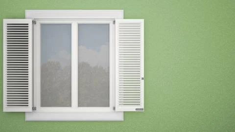 Exterior plaster wall with white window with shutters, garden reflections, pa Ilustración de archivo