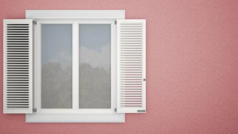 Exterior plaster wall with white window with shutters, garden reflections, pa Ilustración de archivo