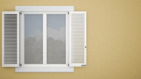 Exterior plaster wall with white window with shutters, garden reflections, pa Stock Illustration